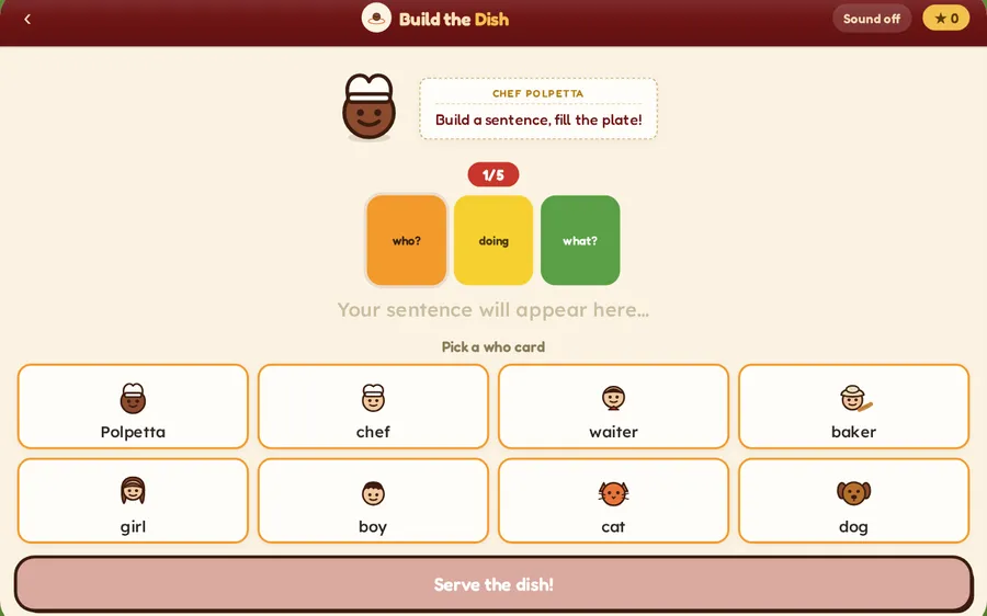 Build the Dish: colour-coded who, doing and what cards to build a sentence.