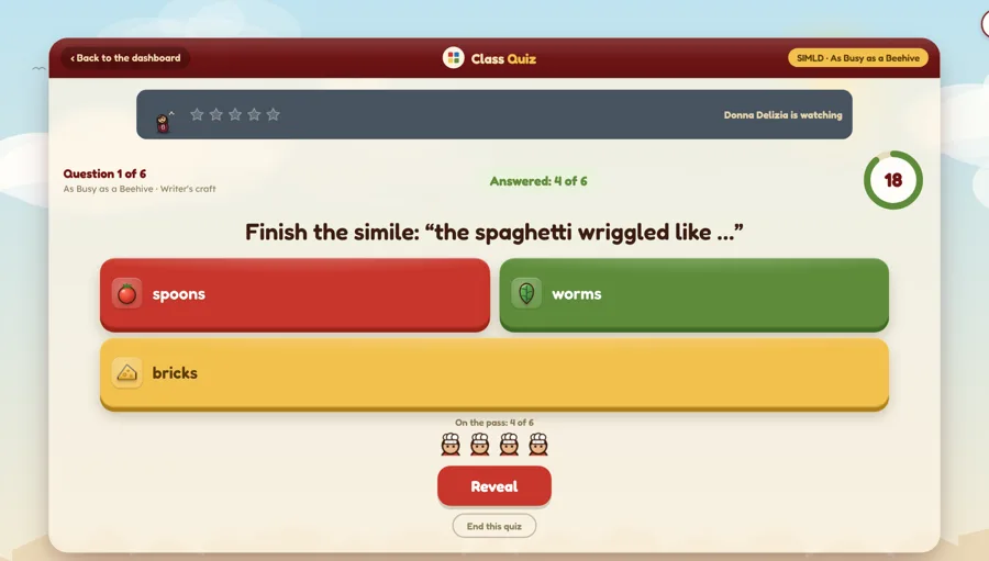 A class quiz on the board: a simile question, the timer, and the answers coming in, on a sky with clouds.