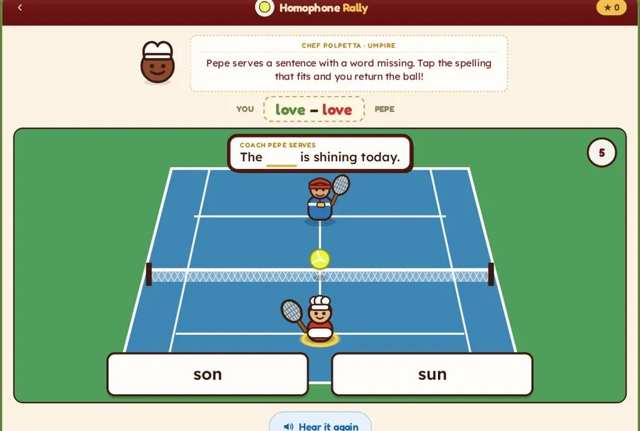 Homophone Rally: 'The ___ is shining today', with son and sun to choose from.