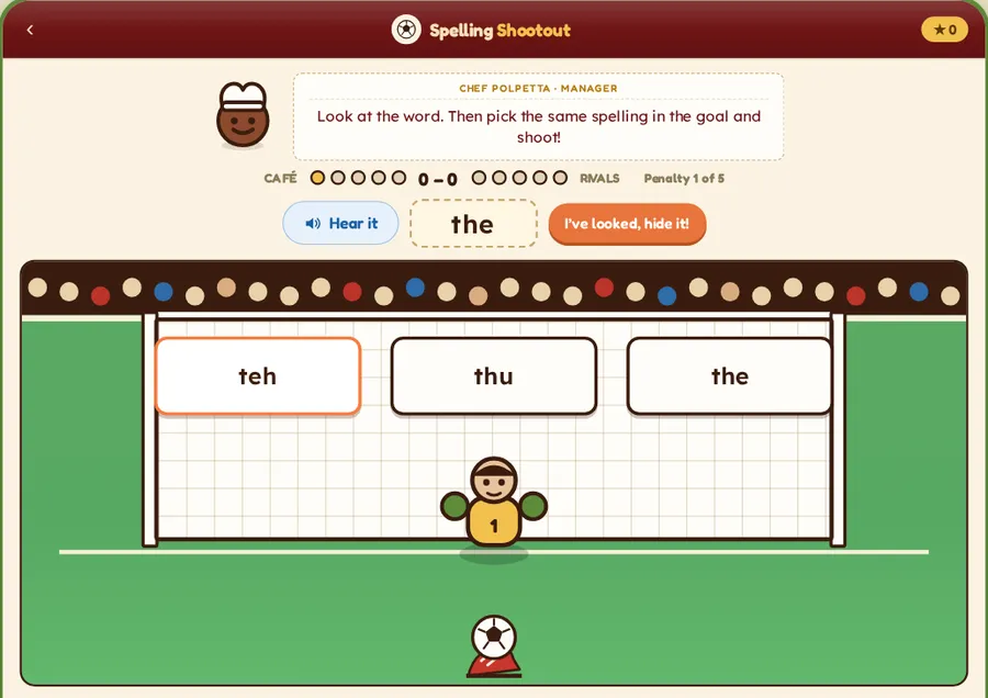Spelling Shootout: pick the right spelling of 'the' from three goals.