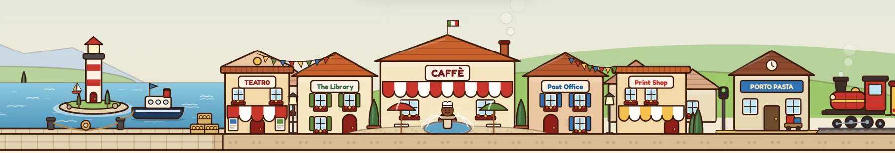 The SPAGhetti village: the lighthouse, the Teatro, the Library, the Caffè, the Post Office, the Print Shop and the Porto Pasta station.
