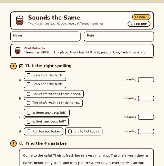 Medium worksheet: the same tasks with there, their and they're and 4 mistakes to find.