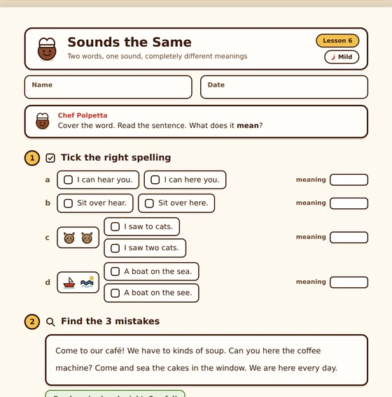 Mild worksheet: tick the right spelling with picture clues, then find 3 mistakes.