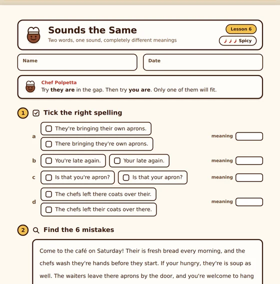 Spicy worksheet: the same tasks with trickier pairs and 6 mistakes to find.